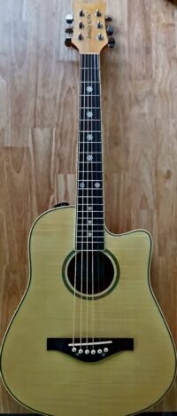 Acoustic guitar on wooden background