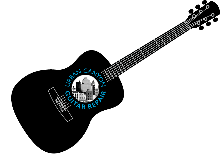 Silhouette of a guitar with a cityscape in the soundhole. "Urban Canyon Guitar Repair" surrouds the sound hole.